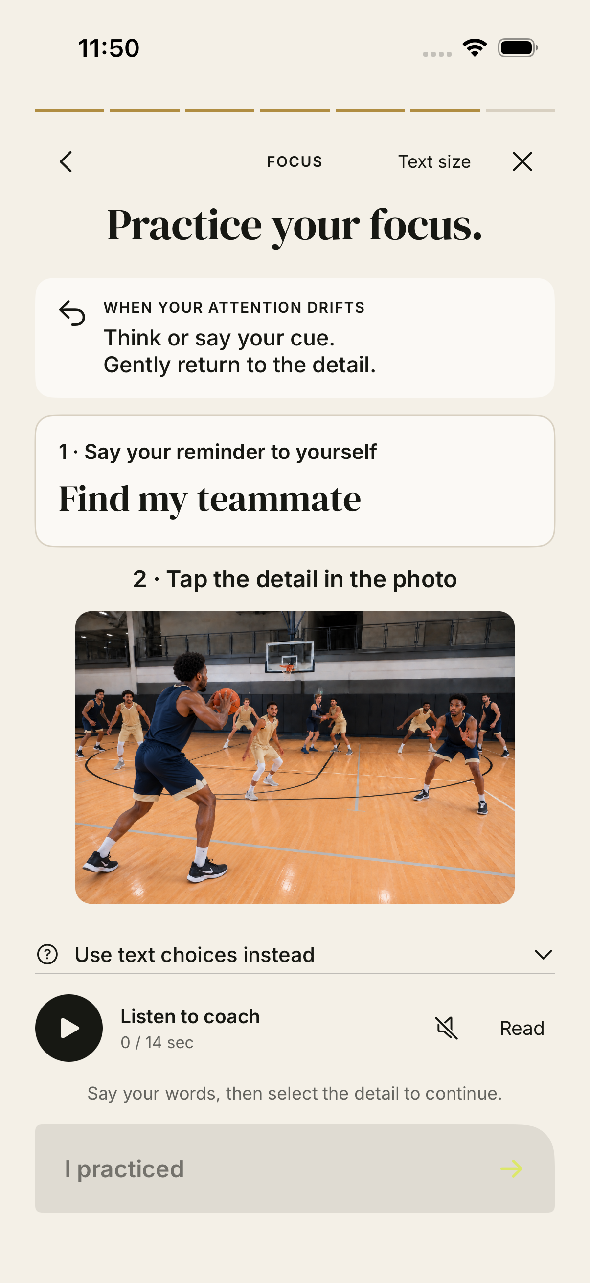 reset focus practice connects a personal cue to a teammate in a basketball photo and offers text choices.