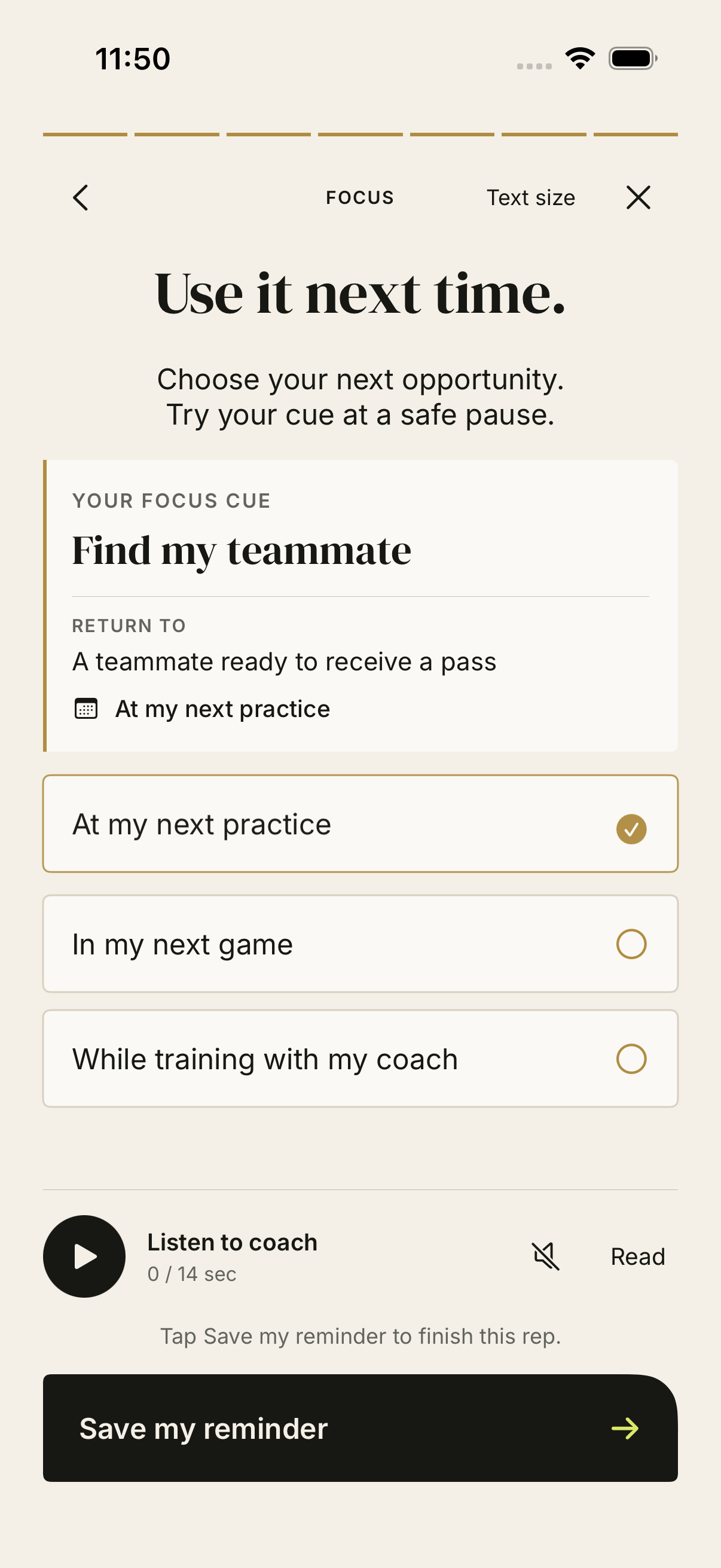 reset shows the selected focus cue, its meaning and an opportunity to use it at the next practice.