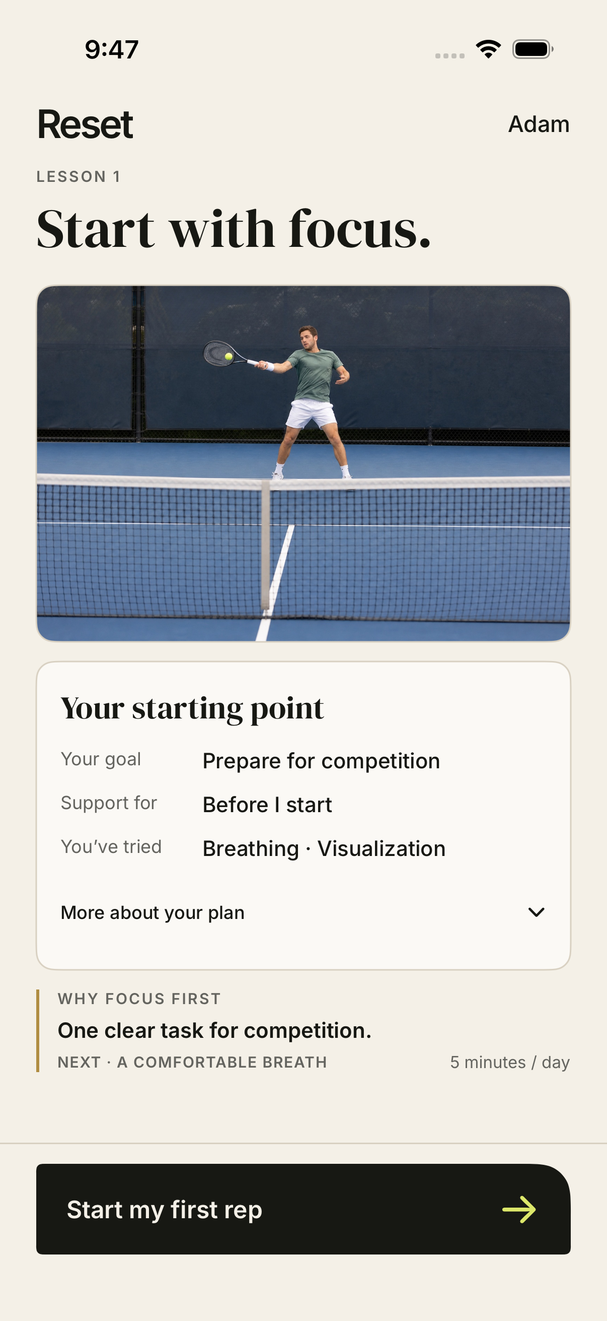 reset beta starting-point screen for an example tennis profile, with goals and prior approaches above the first focus lesson.